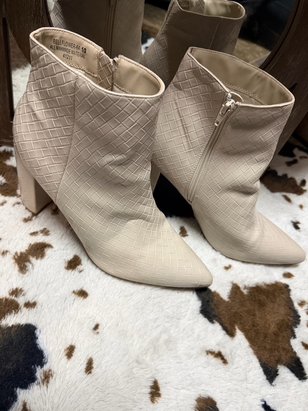 BAMBOO Cream Woven Pointed-Toe Ankle Booties